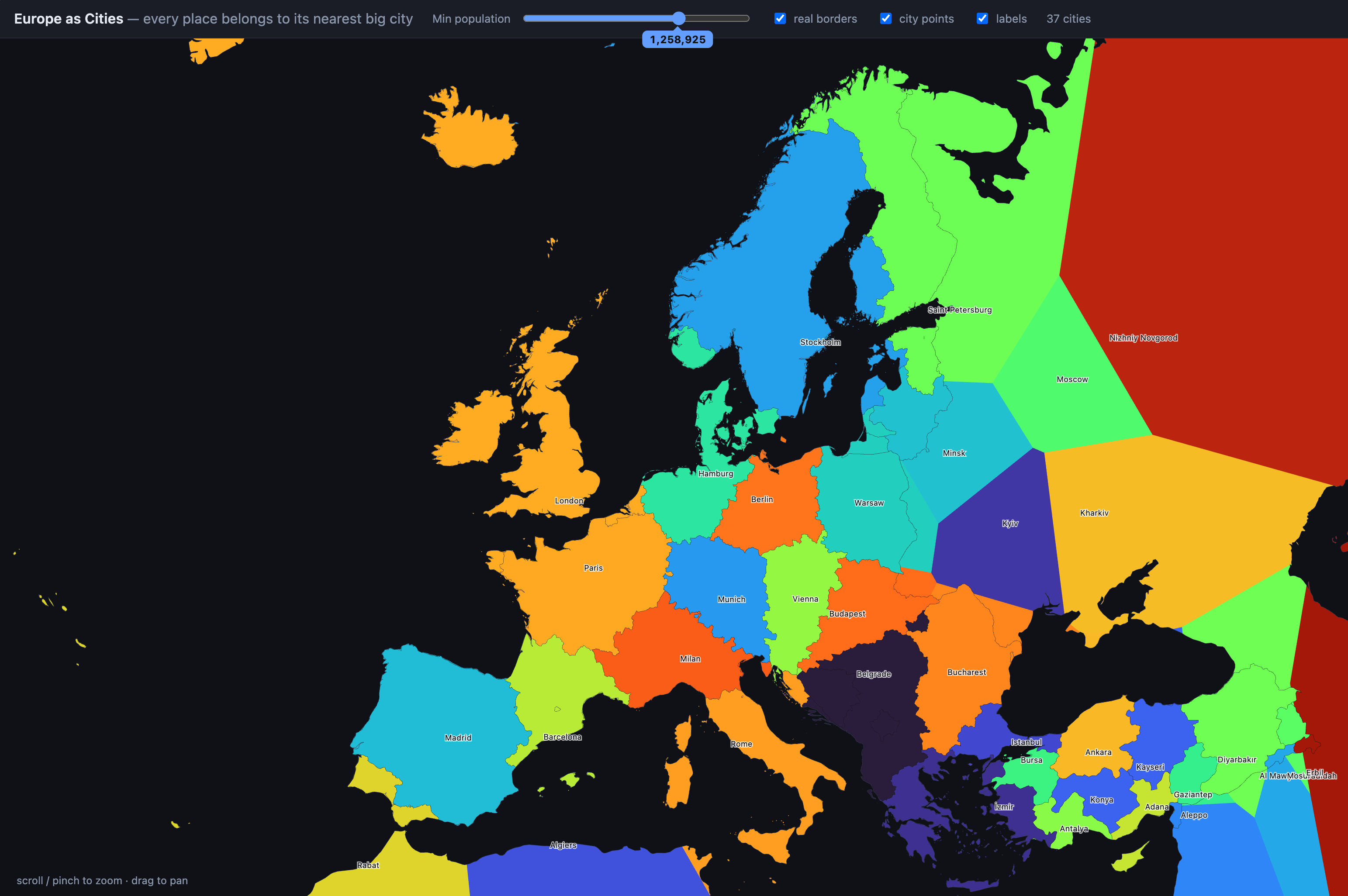 A map of European city states at a population threshold of 1,258,925