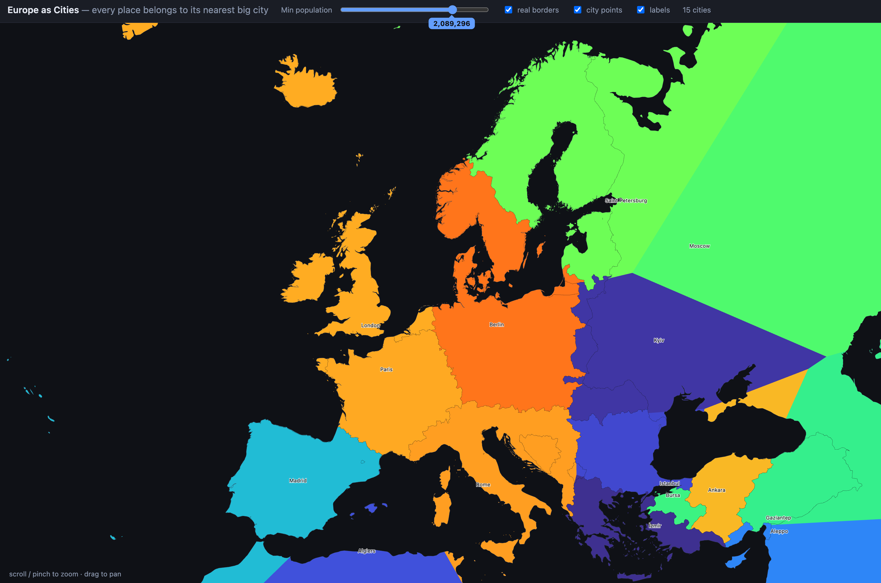 A map of European city states at a population threshold of 2,089,296