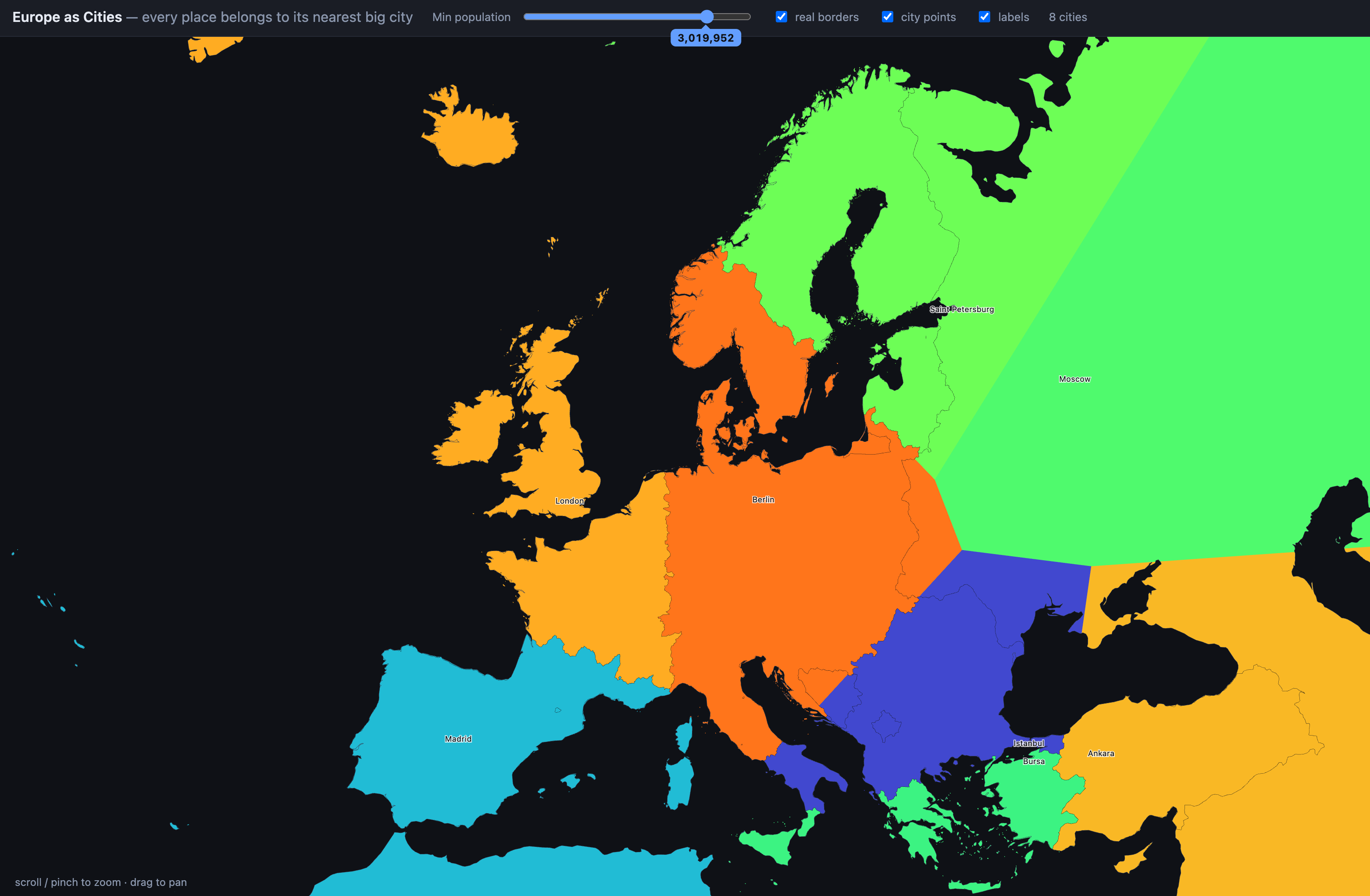 A map of European city states at a population threshold of 3,019,952